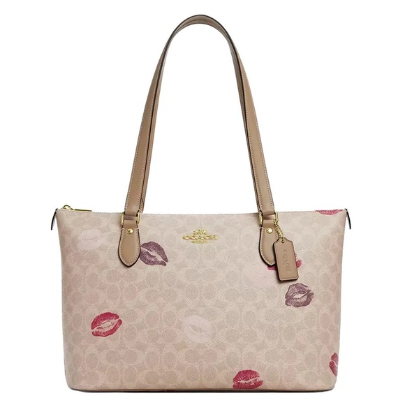 Coach Kiss Lip Print Gallery Tote Sand and Multicolor Retail $378.